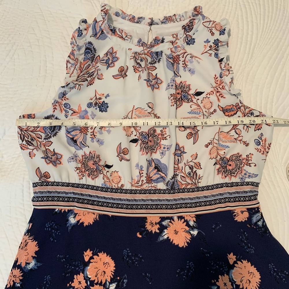 Ruffle Trim Mixed Print Crepe Midi Dress